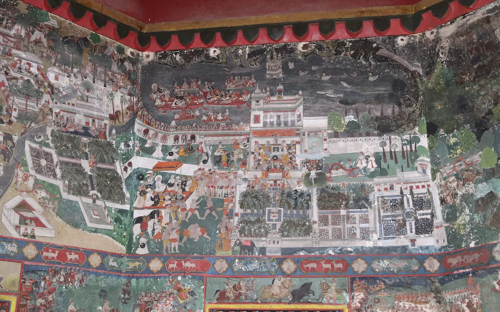 Painted wall in the Garh Palace, Kota, in the style of the Kota court